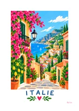 Affiche Italie – Ruelle fleurie et rivages ensoleillés