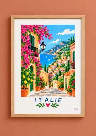 Illustration Italie avec ruelle en escalier, fleurs roses, citronnier, façades pastel, dôme vert et mer bleue.