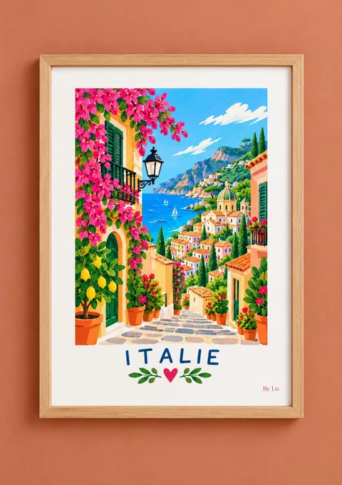Illustration Italie avec ruelle en escalier, fleurs roses, citronnier, façades pastel, dôme vert et mer bleue.