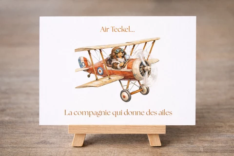 Carte illustrée montrant un teckel anthropomorphe pilotant un biplan ancien, avec lunettes d’aviateur, casque, hélice visible et texte en haut et en bas.
