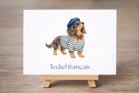 Carte Teckel français : chien au béret bleu, foulard rouge orangé et marinière bleue et blanche sur fond blanc.