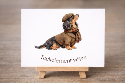 Carte rectangulaire en paysage avec illustration d’un chien assis de profil, tête levée vers la droite, vêtu d’une tenue hivernale à carreaux, et texte « Teckelement vôtre » en bas.