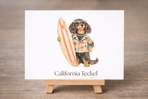 Carte illustrée avec un teckel anthropomorphe portant des lunettes de soleil, un collier de perles, une chemise à fleurs et un short sombre, tenant une planche de surf rayée.
