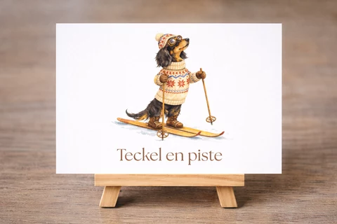 Carte illustrée d’un teckel debout sur des skis, avec bonnet à pompon, lunettes de ski, pull hivernal et bâtons, titre en bas.