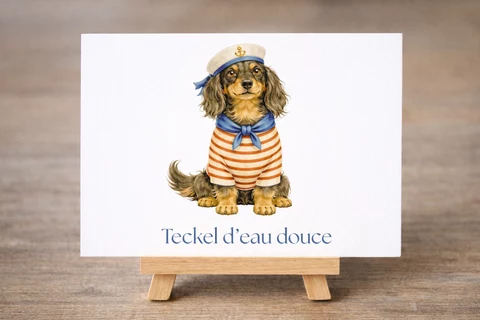 Carte Teckel d’eau douce : teckel assis en marinière rouge orangé et blanche, foulard bleu et casquette de marin à ancre.