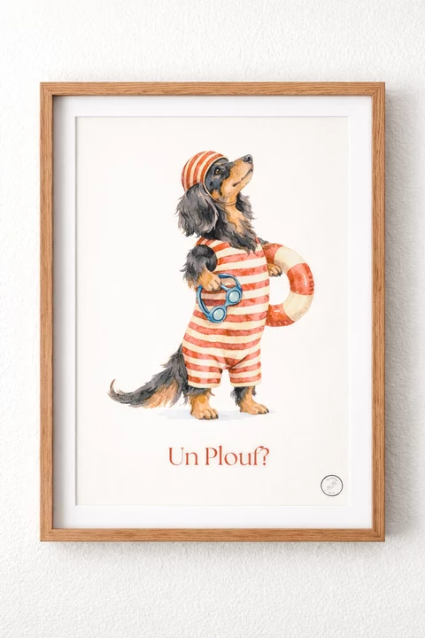 Affiche verticale montrant un chien debout en tenue de bain rayée rouge et blanc, bonnet assorti, tenant un accessoire bleu, avec un anneau de sauvetage et le texte « Un Plouf? » en bas.