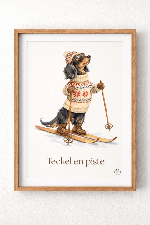 Illustration verticale d’un teckel debout sur des skis, tenant deux bâtons, avec lunettes, bonnet à pompon, pull à motifs hivernaux et bottes. Texte « Teckel en piste » en bas.