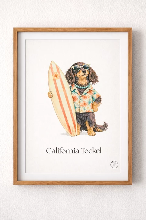 Affiche verticale avec un teckel anthropomorphe en lunettes de soleil et chemise à fleurs, tenant une planche de surf décorée de bandes orangées, avec le texte « California Teckel » en dessous.