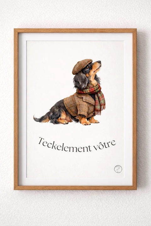 Affiche Teckelement vôtre : teckel assis de profil, museau relevé, avec casquette brune, veste et écharpe à carreaux.