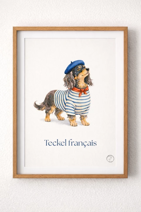Affiche d’un teckel stylisé de profil trois-quarts, portant un bonnet bleu, un foulard rouge et un vêtement à rayures bleues et blanches, avec le texte « Teckel français ».