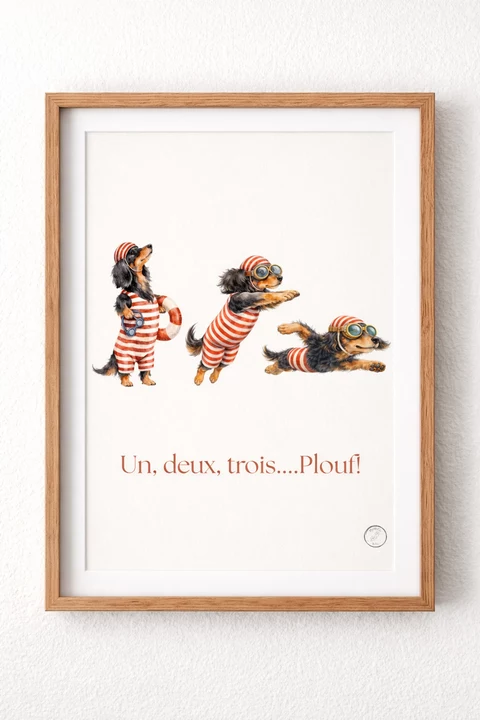 Affiche verticale avec trois chiens de type teckel en tenues rayées rouge et blanc, bonnet ou casquette assortis, fond blanc et texte centré en bas.