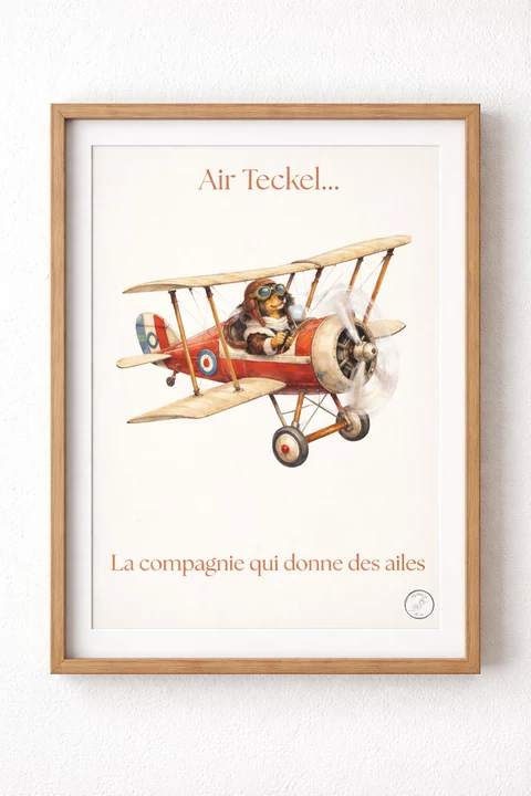 Affiche avec un teckel anthropomorphe aux commandes d’un avion biplan stylisé, lunettes d’aviateur, casque, fuselage rouge, ailes beige, fond blanc cassé.