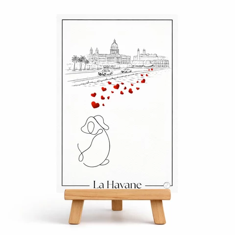 Carte verticale intitulée La Havane, avec une façade urbaine en trait noir, des palmiers, une route, des voitures, des cœurs rouges et une figure stylisée en bas.