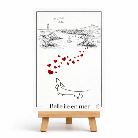 Carte Belle-Île-en-Mer au trait noir : littoral rocheux, phare, voilier, teckel et envolée de cœurs rouges.