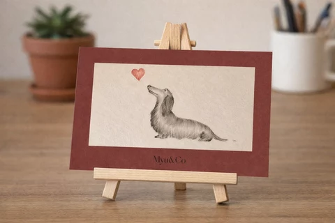 Carte Amour de teckel : teckel assis de profil, museau levé vers un cœur rouge, sur fond clair entouré de bordeaux.
