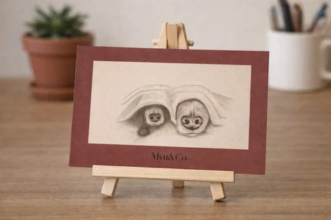 Carte orientée en paysage avec deux animaux vus de face, partiellement cachés, sur fond bordeaux foncé avec encadrement clair et texte Myu&Co en bas.