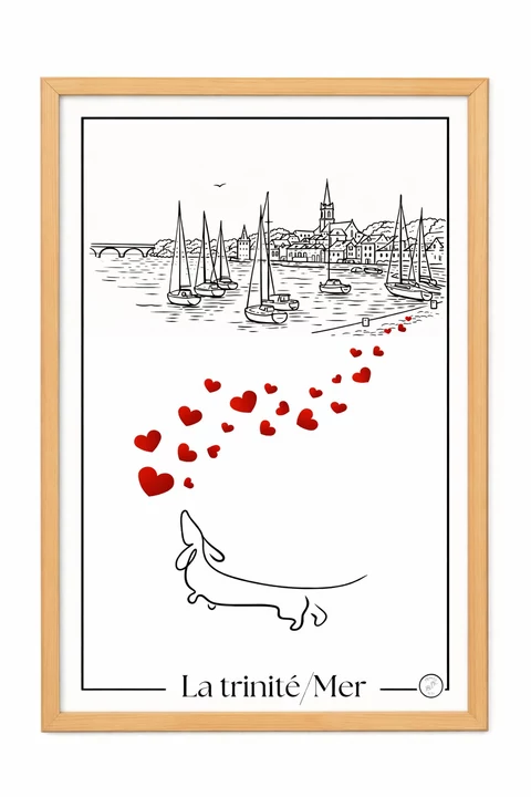 Affiche verticale en noir et blanc avec accents rouges, montrant une scène de bord de mer, plusieurs voiliers, un village, une diagonale de cœurs et un animal en bas.