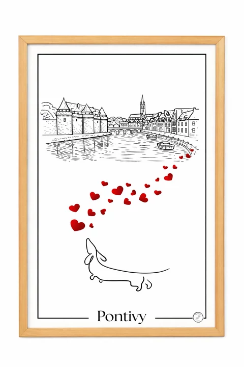 Affiche Pontivy au trait noir : tours, maisons au bord de l’eau, barque, teckel esquissé et envolée de cœurs rouges.