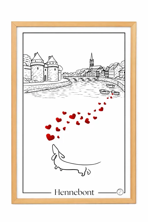 Affiche verticale Hennebont avec vue urbaine stylisée en noir et blanc, cœurs rouges en diagonale, petit chien en bas et titre centré.