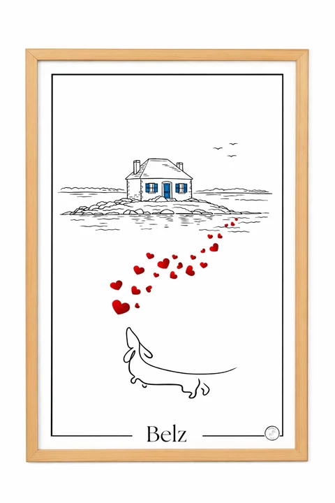 Affiche Belz minimaliste sur fond blanc, avec petite maison stylisée, oiseaux au trait, traînée de cœurs rouges, chien en contour noir et titre en bas.