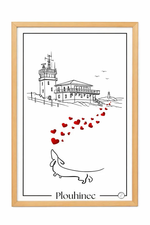Affiche verticale minimaliste de Plouhinec, avec édifice stylisé en haut, trois oiseaux, une diagonale de petits cœurs rouges, un animal allongé en bas et le mot Plouhinec.