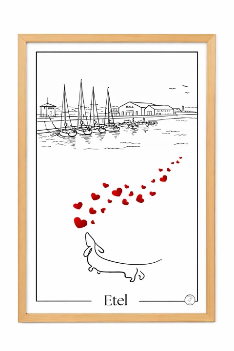 Affiche minimaliste en noir et blanc montrant un chien stylisé sous une diagonale de petits cœurs rouges, avec un petit port schématique en partie haute.