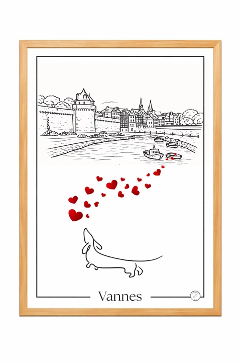 Affiche verticale de Vannes en noir et blanc avec une scène urbaine stylisée en haut, une diagonale de cœurs rouges au centre et un chien simplifié en bas.