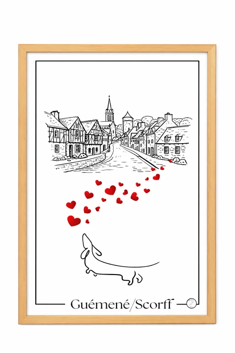 Affiche verticale sur fond blanc, avec une scène de village en traits noirs, une traînée de petits cœurs rouges et un animal stylisé en bas.
