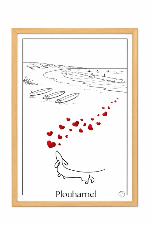 Affiche minimaliste de Plouharnel en noir et blanc, avec chaîne de cœurs rouges, animal allongé en bas, plage esquissée en haut et planches à gauche.