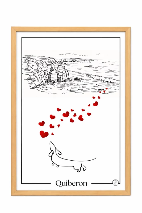 Affiche Quiberon au trait noir, avec rochers en bord de mer, vagues, teckel esquissé et envolée de cœurs rouges.