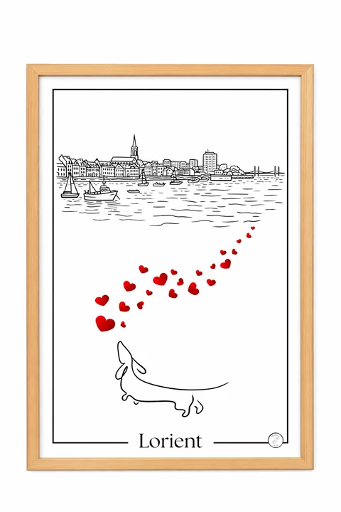 Affiche Lorient : illustration en trait noir sur fond blanc, bordure rectangulaire fine, rivage urbain stylisé en haut, cœurs rouges au centre, animal linéaire en bas, nom Lorient centré en noir.