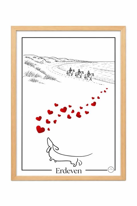 Affiche verticale avec dessin linéaire noir et blanc d’un littoral, dunes et mer, trois cavaliers au loin, cœurs rouges en diagonale, chien stylisé et mot Erdeven en bas.